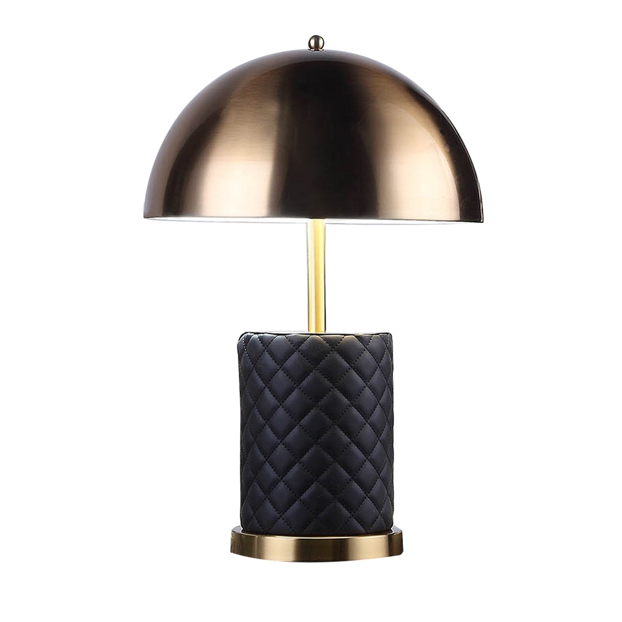 Aria 21 Inch Table Lamp, Dome Shade, Round Base, Black Faux Leather, Brass -Saltoro Sherpi