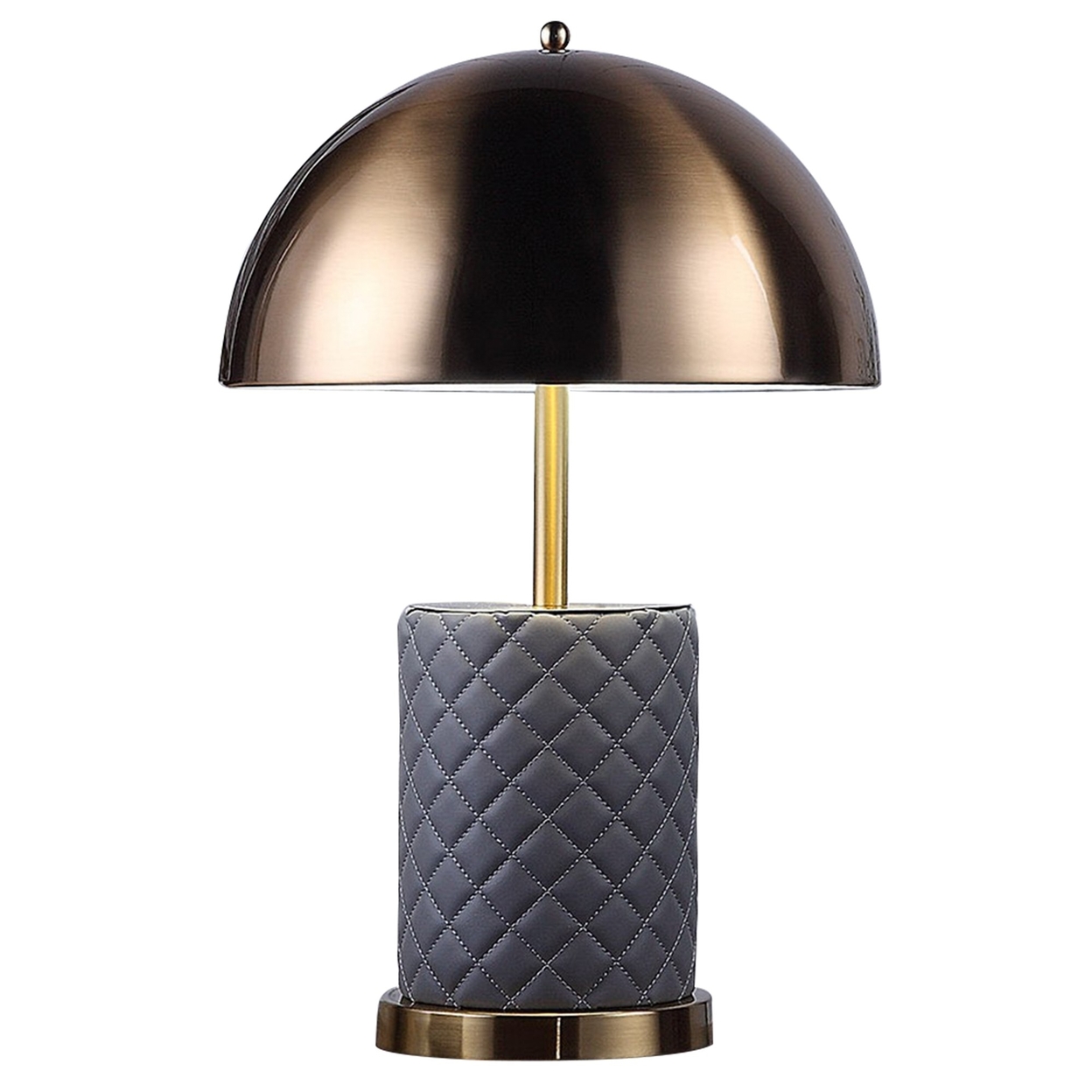 Aria 21 Inch Table Lamp, Dome Shade, Round Base, Gray Faux Leather, Brass -Saltoro Sherpi