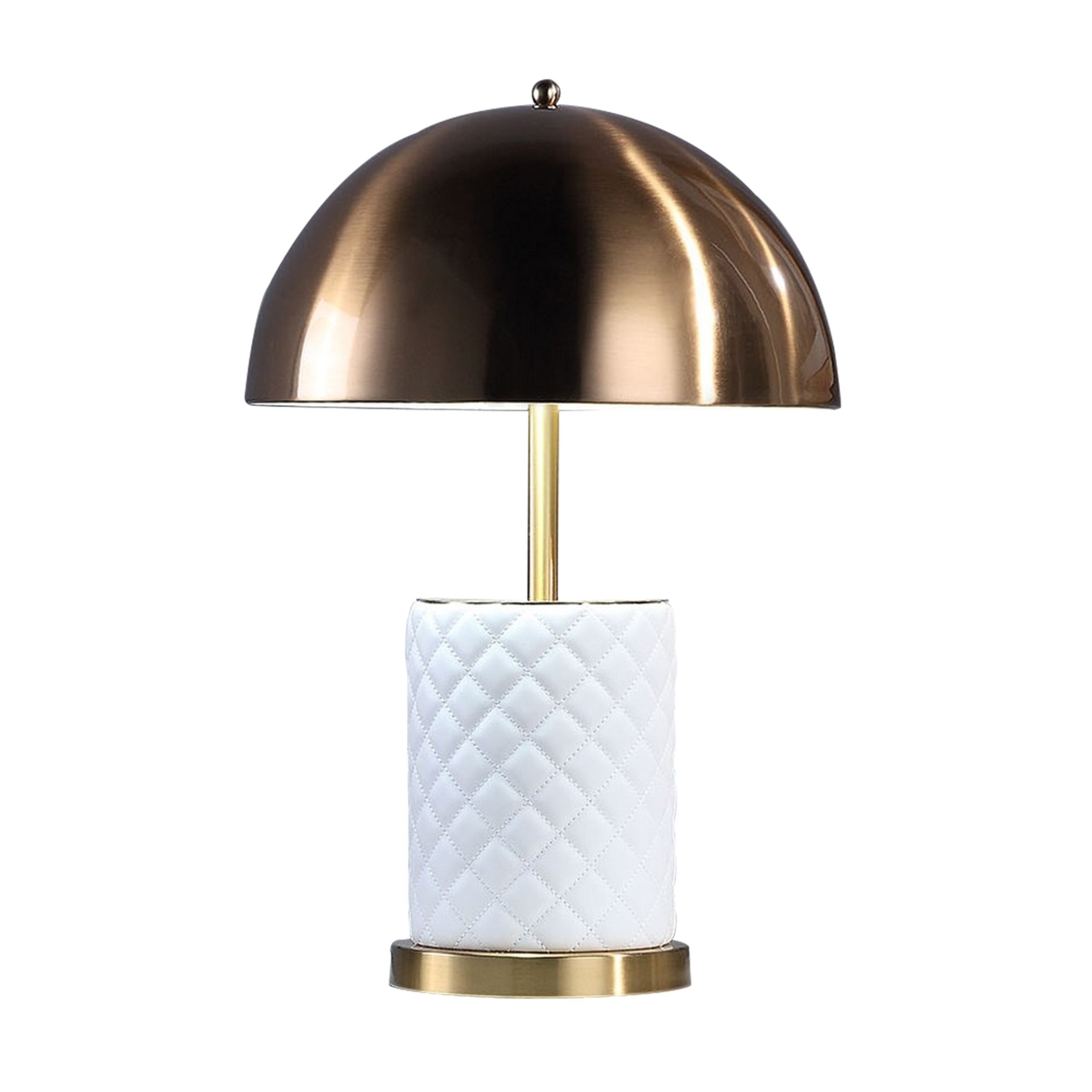 Aria 21 Inch Table Lamp, Dome Shade, Round Base, White Faux Leather, Brass -Saltoro Sherpi