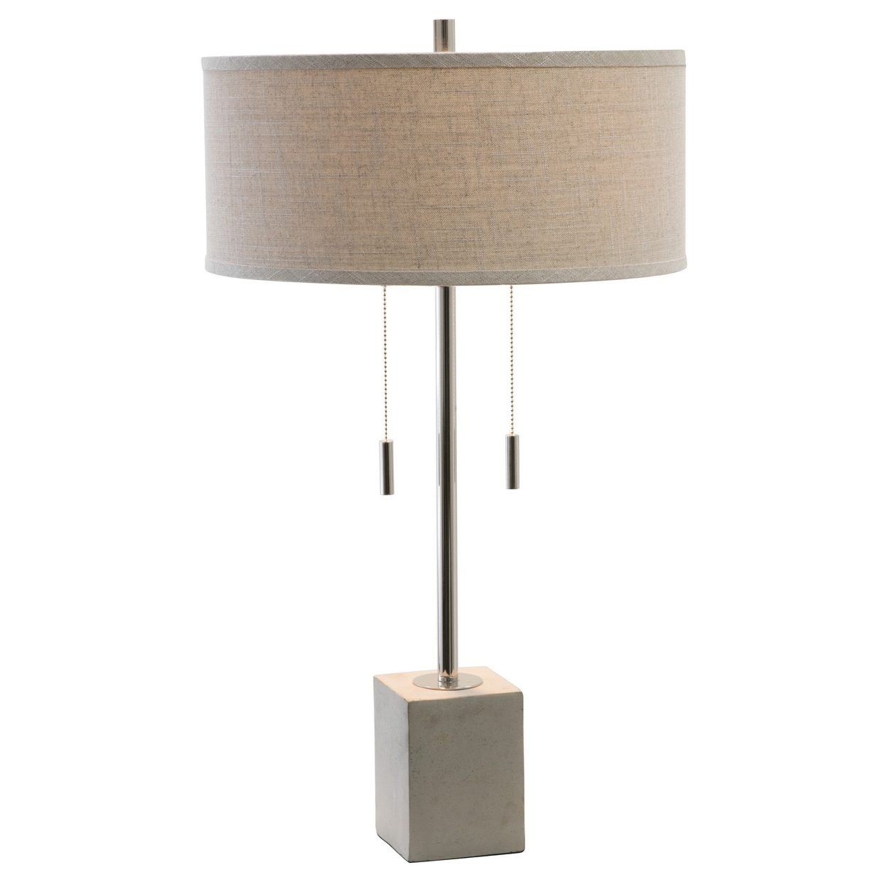 28 Inch Table Lamp, Classic Drum Fabric Shade, Accent Gray Block Base -Saltoro Sherpi