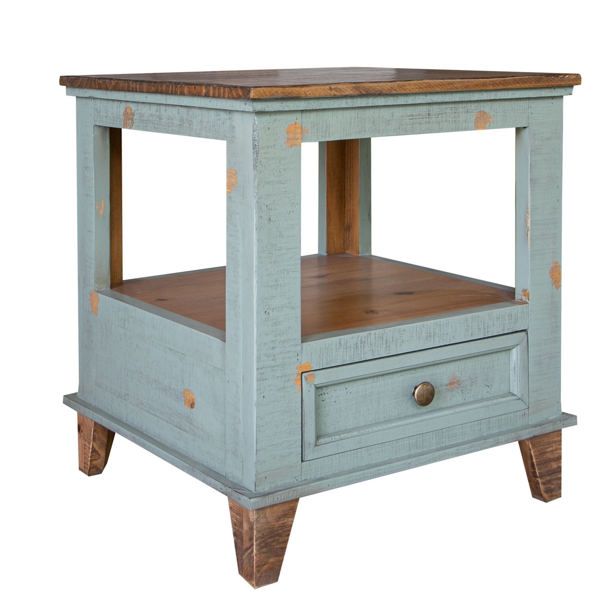 Rozy 26 Inch Side End Table, Solid Pine Wood, Hand Finished, Teal Blue - Saltoro Sherpi