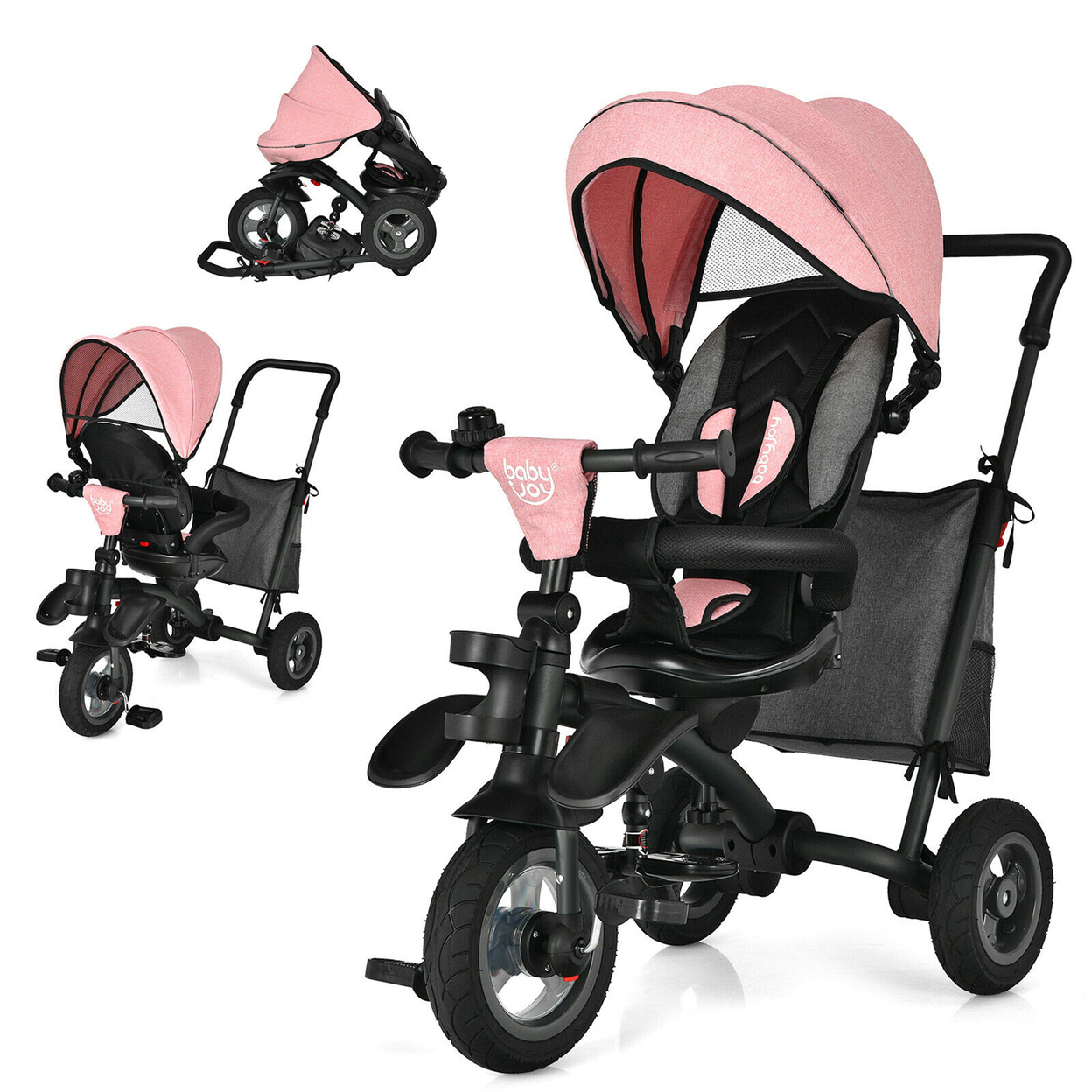 7-In-1 Kids Baby Tricycle Folding Steer Stroller W/ Rotatable Seat - Pink
