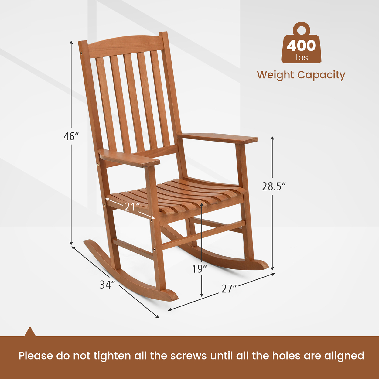 Patio Rocking Chair W/ 400 Lbs Weight Capacity Eucalyptus Wood Porch Rocker W/ High Back