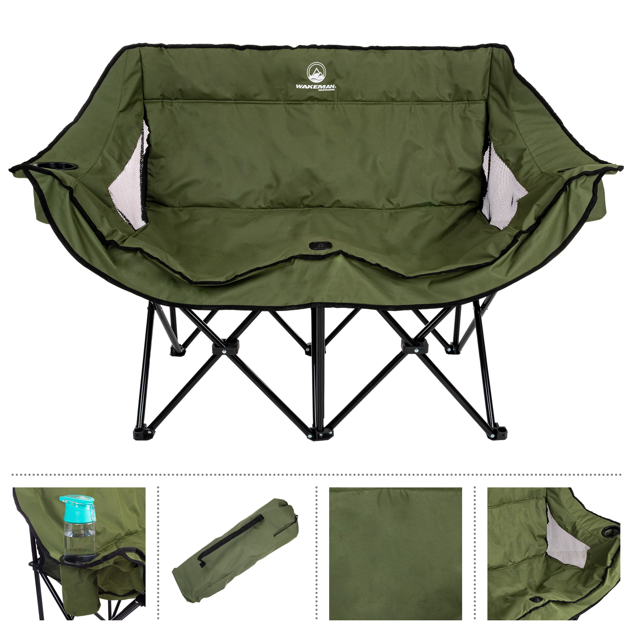 Double Camping Chair Olive Foldable Portable Couch With 2 Cupholders And Padded Seats