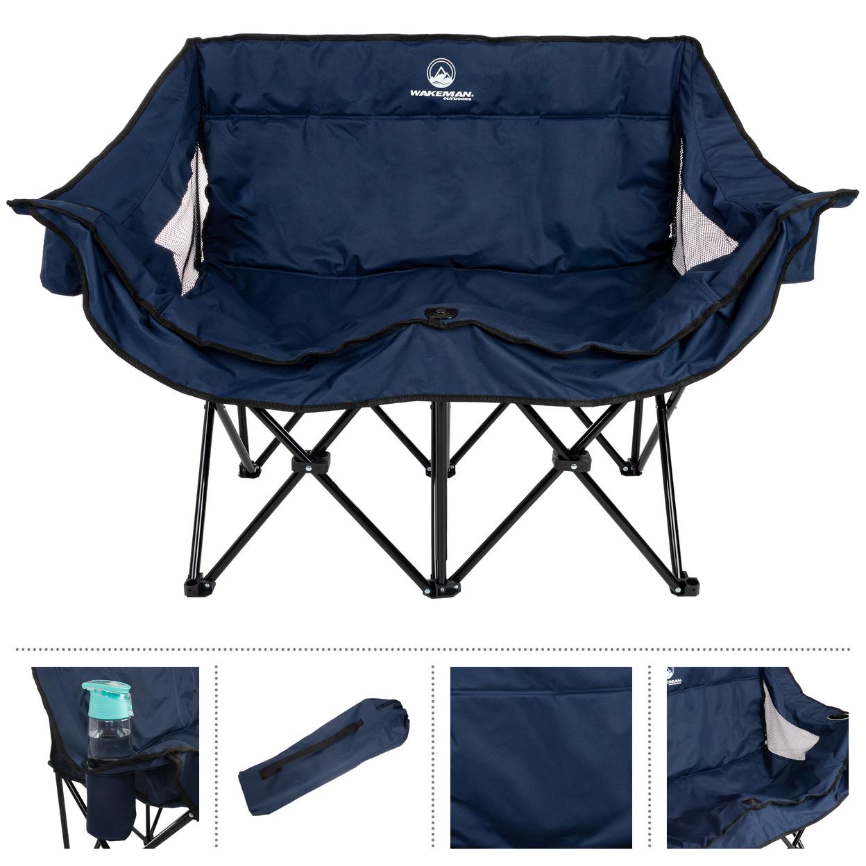 Double Camping Chair - Foldable Portable Couch With 2 Cupholders And Padded Seats Blue