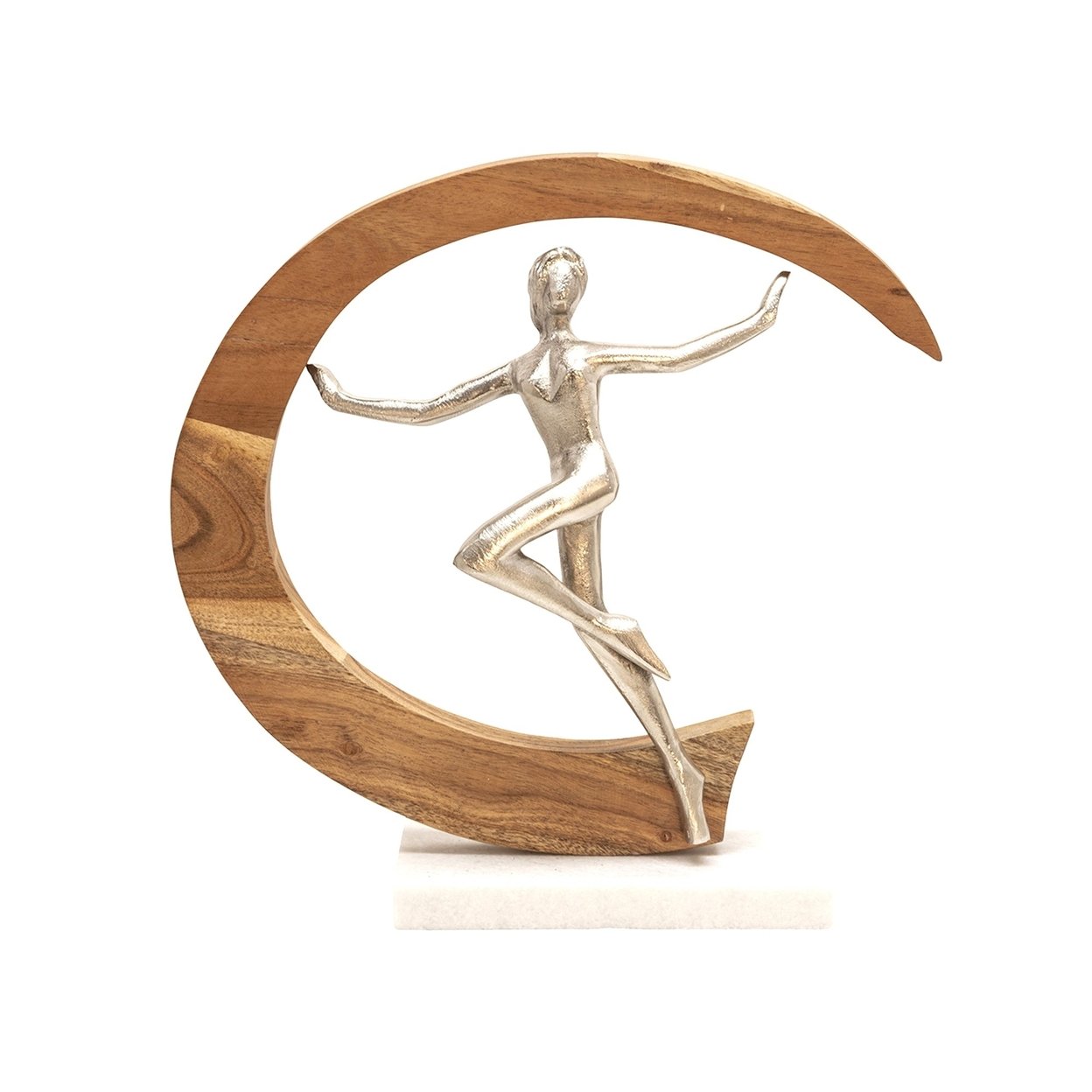 14 Inch Gymnast Sculpture, Natural Brown Half Moon Wood Frame, Silver Metal -Saltoro Sherpi