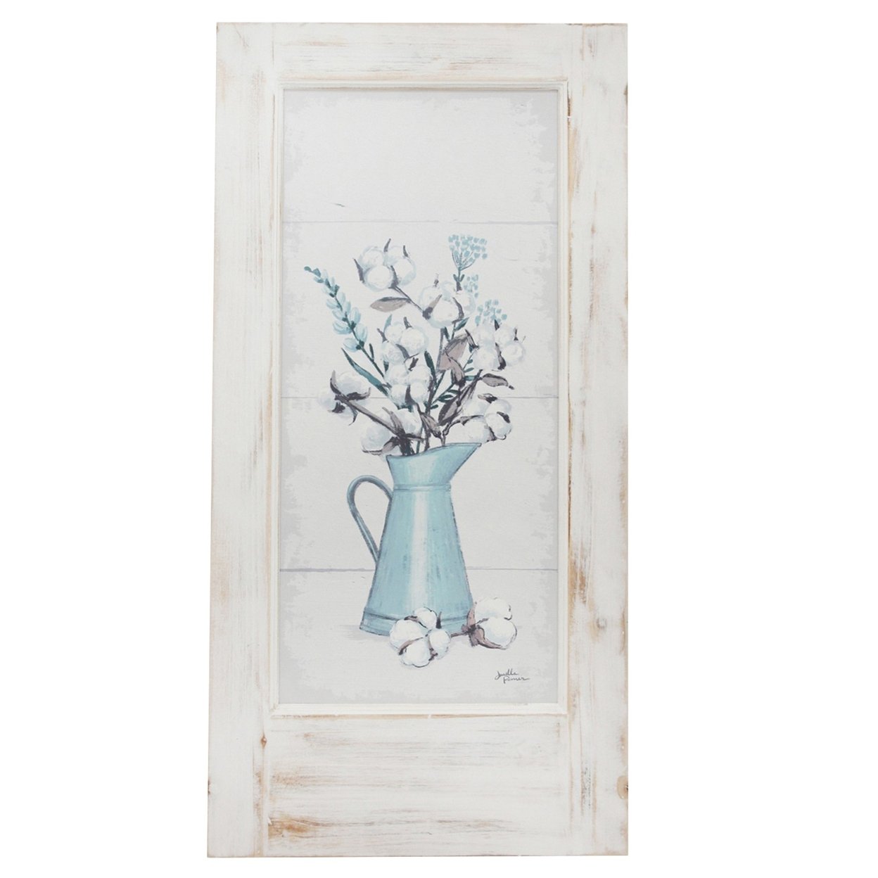 19 X 40 Inch Wall Art, Tin Floral Vase, Distressed Wood, Ivory, Beige, Blue -Saltoro Sherpi
