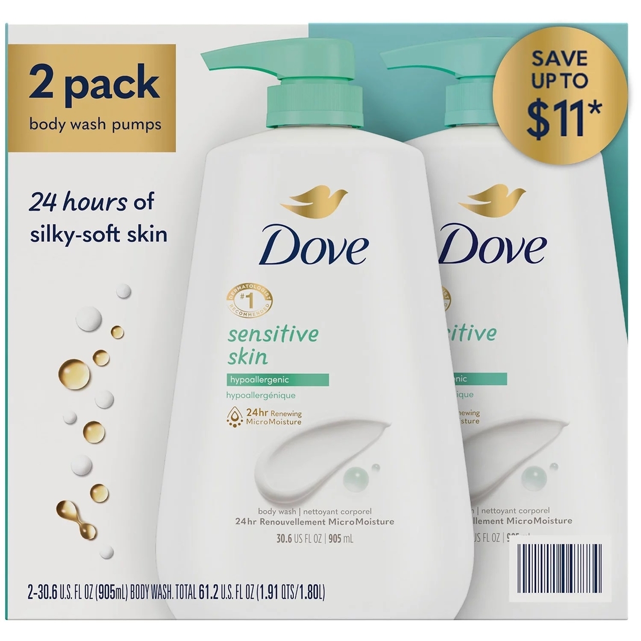 Dove Sensitive Skin Hypoallergenic Body Wash, 30.6 Fluid Ounce (Pack Of 2)