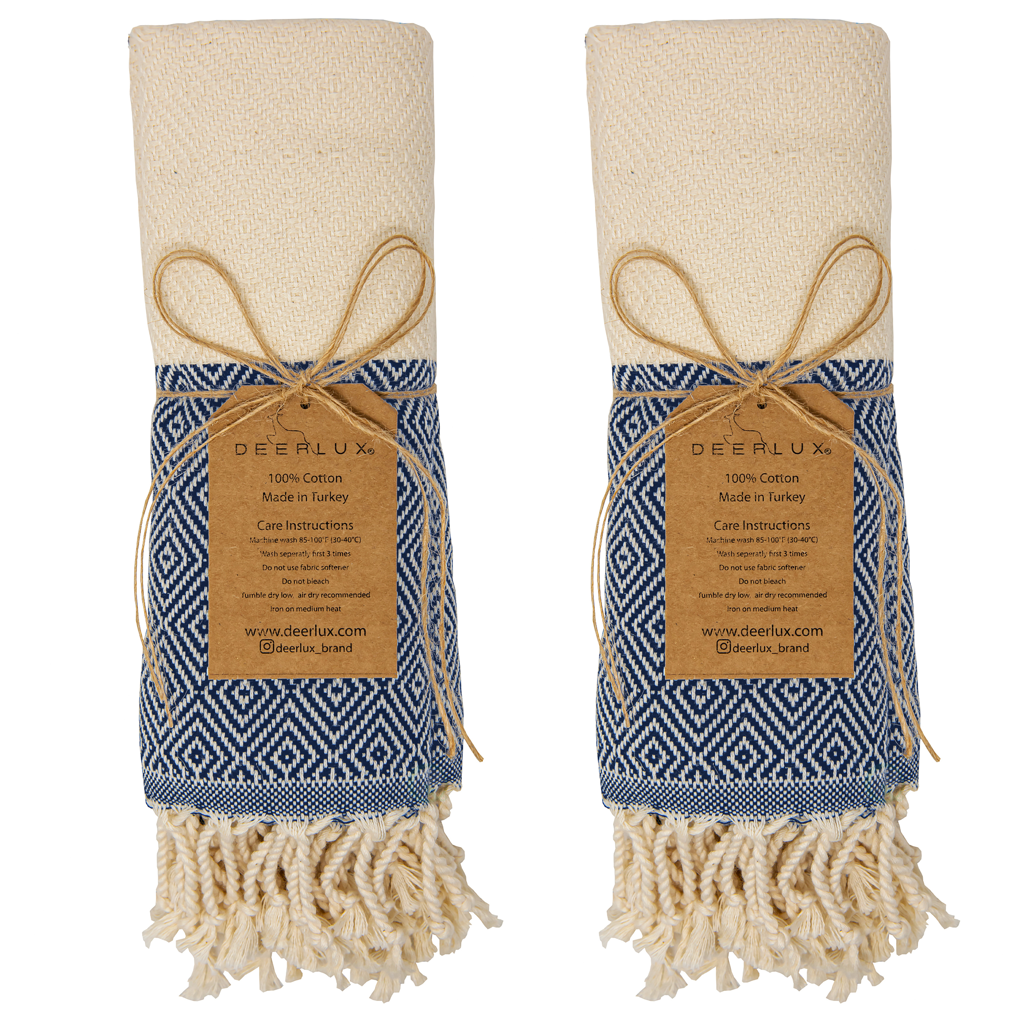 Deerlux 100 Percent Cotton Turkish Hand Towels, Set Of 2 18 X 40 Diamond Peshtemal Kitchen And Bath Towels - Navy