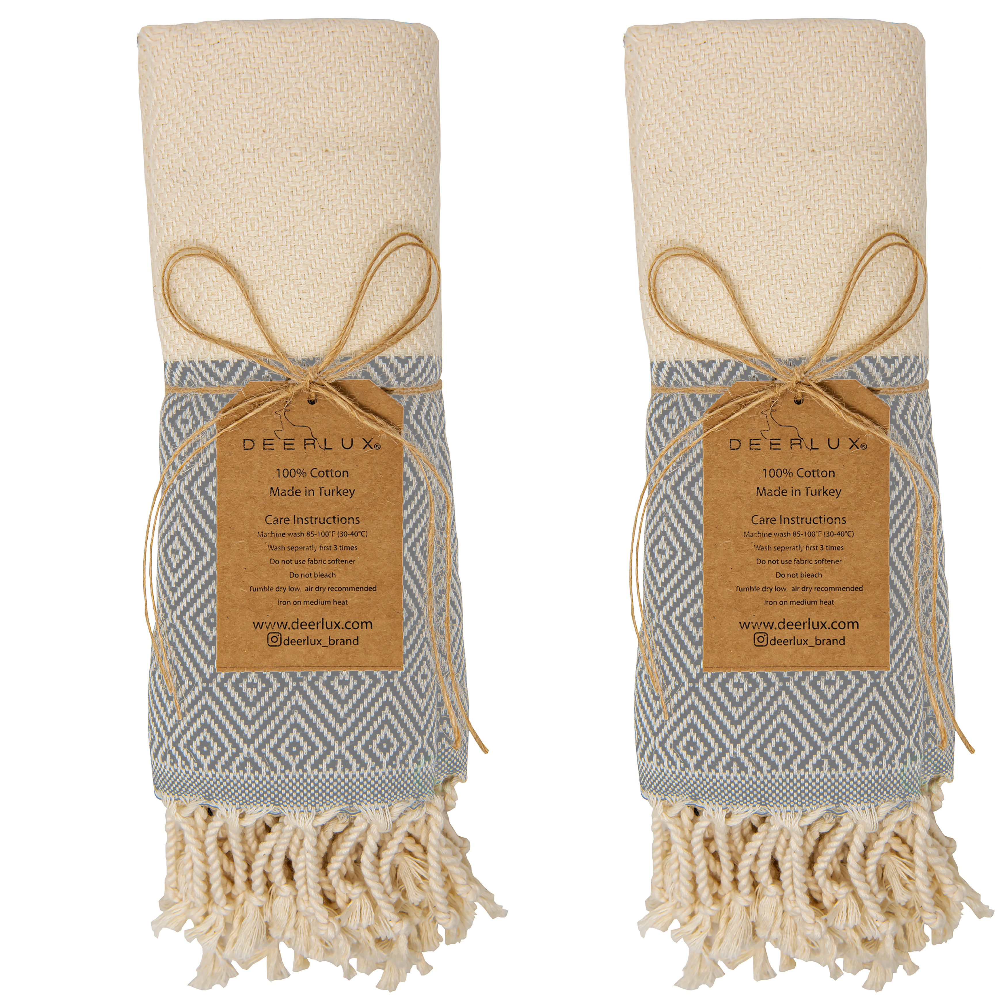Deerlux 100 Percent Cotton Turkish Hand Towels, Set Of 2 18 X 40 Diamond Peshtemal Kitchen And Bath Towels - Gray