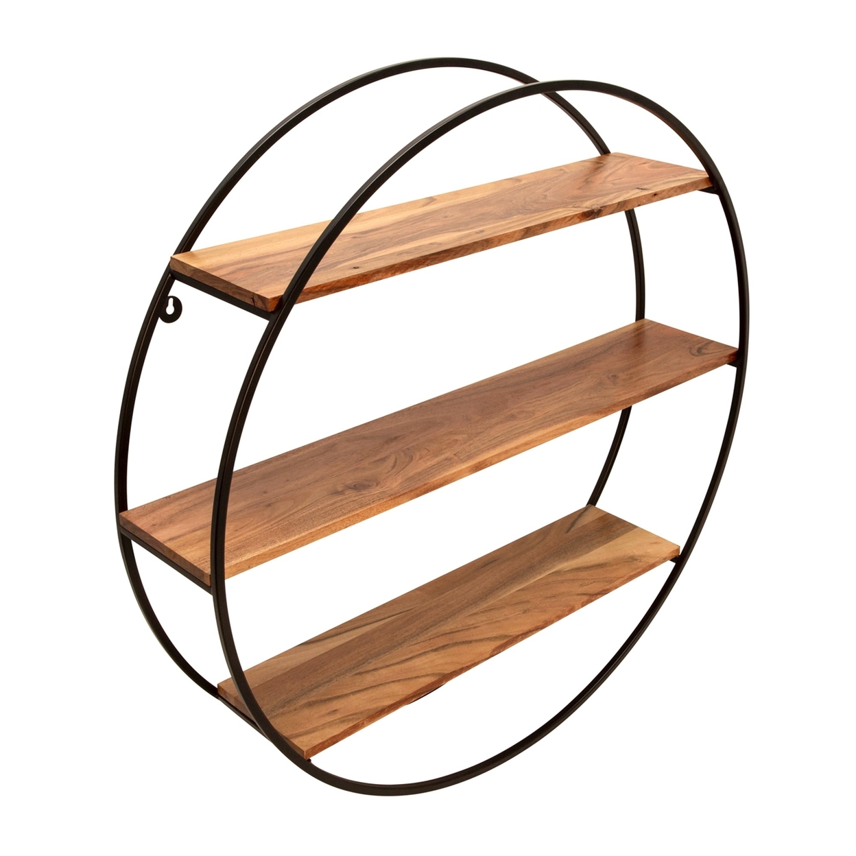 Lexa 32 Inch Wall Shelf, 3 Wood Shelves, Circular Metal Frame, Brown, Black -Saltoro Sherpi