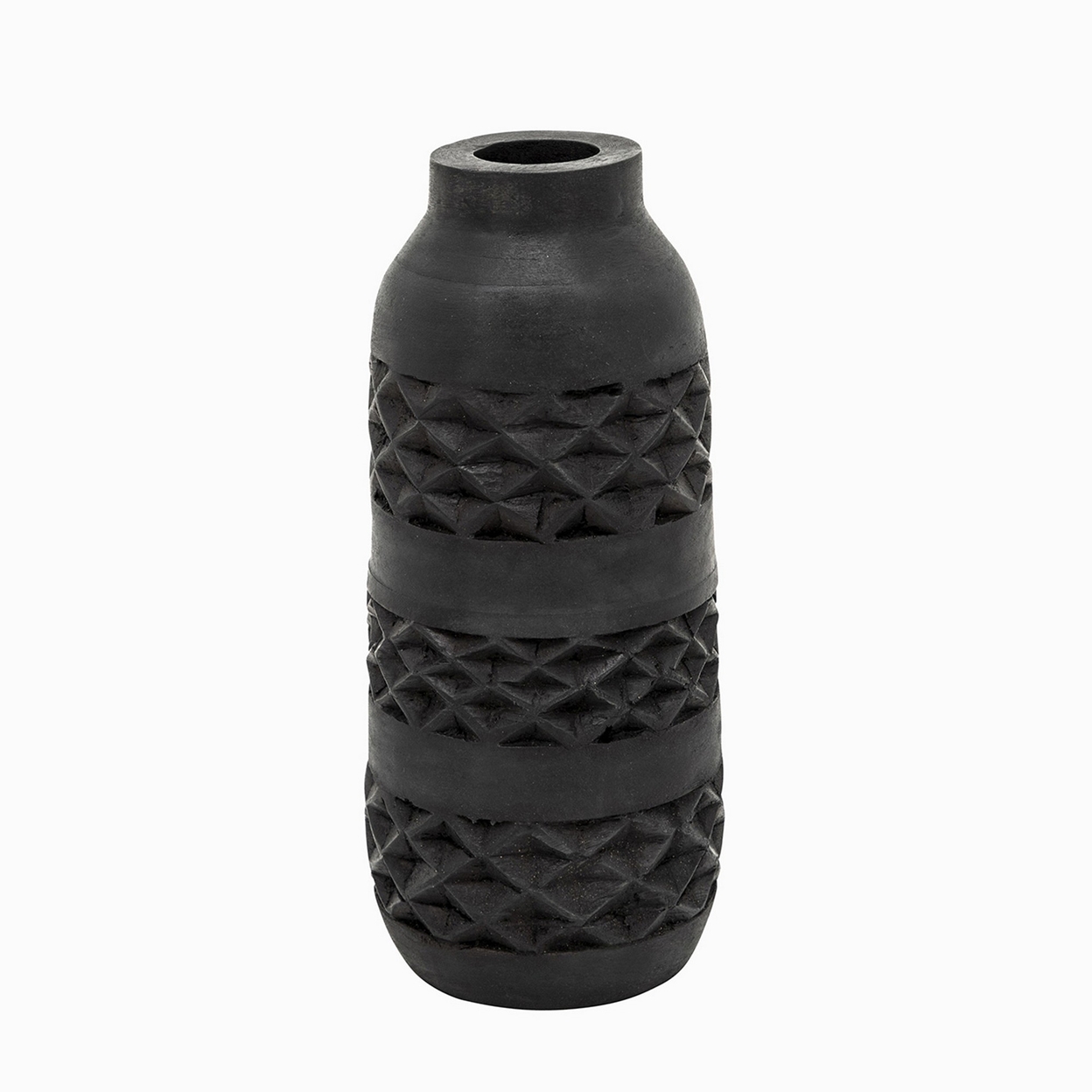 Yuka 12 Inch Vase, Bottle Shape, Embossed Diamond Patterns, Stained Black -Saltoro Sherpi