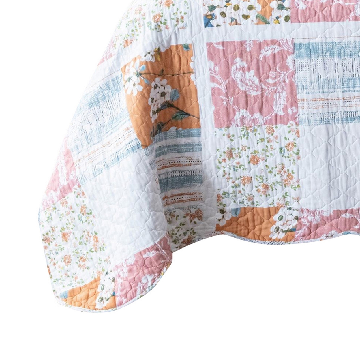 2pc Twin Quilt And Pillow Sham Set, Patchwork, Multicolor Floral, Stripes-Saltoro Sherpi