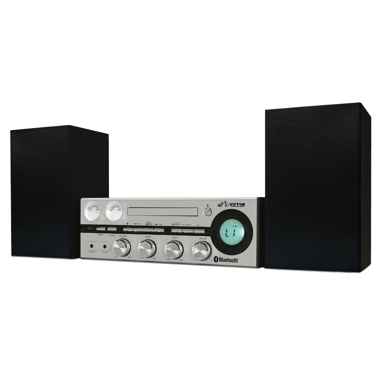Victor Milwaukee 50W Desktop CD Stereo System W Bluetooth, CD Player & FM Radio - Silver