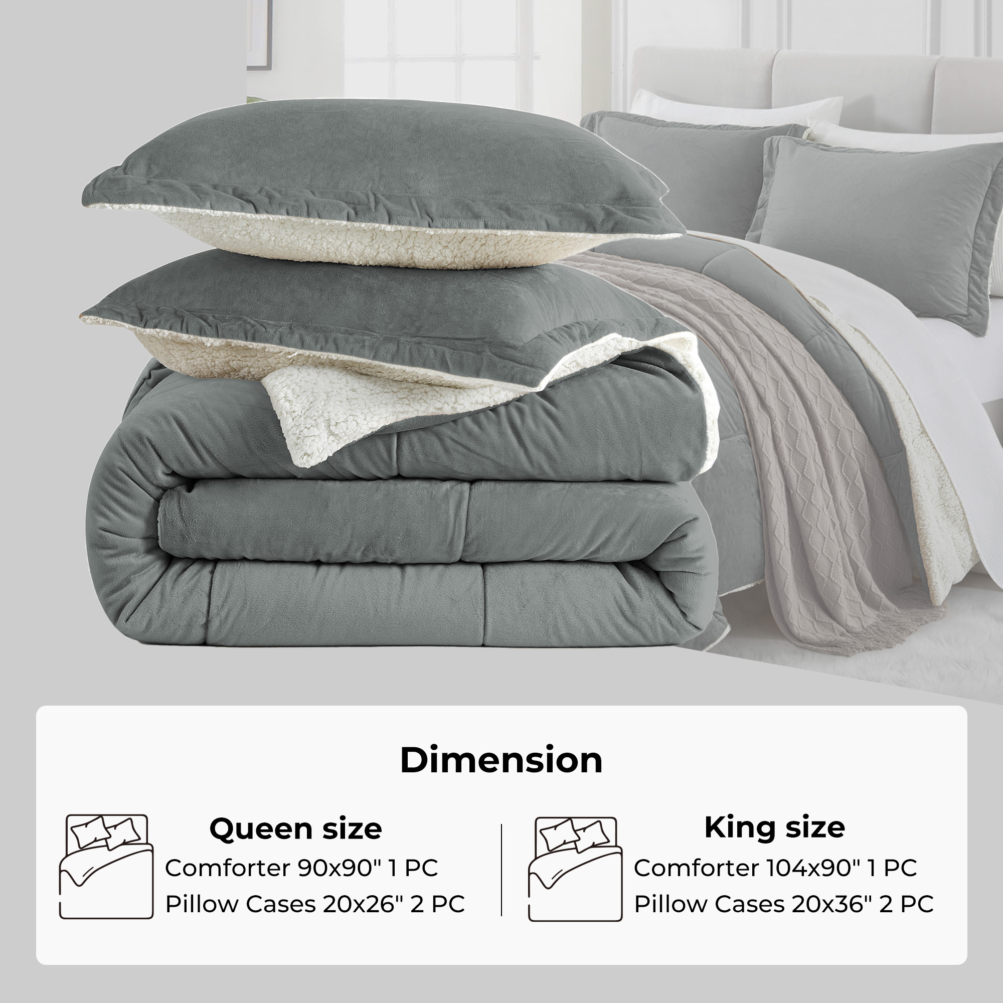 3 Piece All Season Comforter Set With Shams Reversible Faux Shearling-Down Alternative Comforter Set - Foggy Gray, King Size-10490