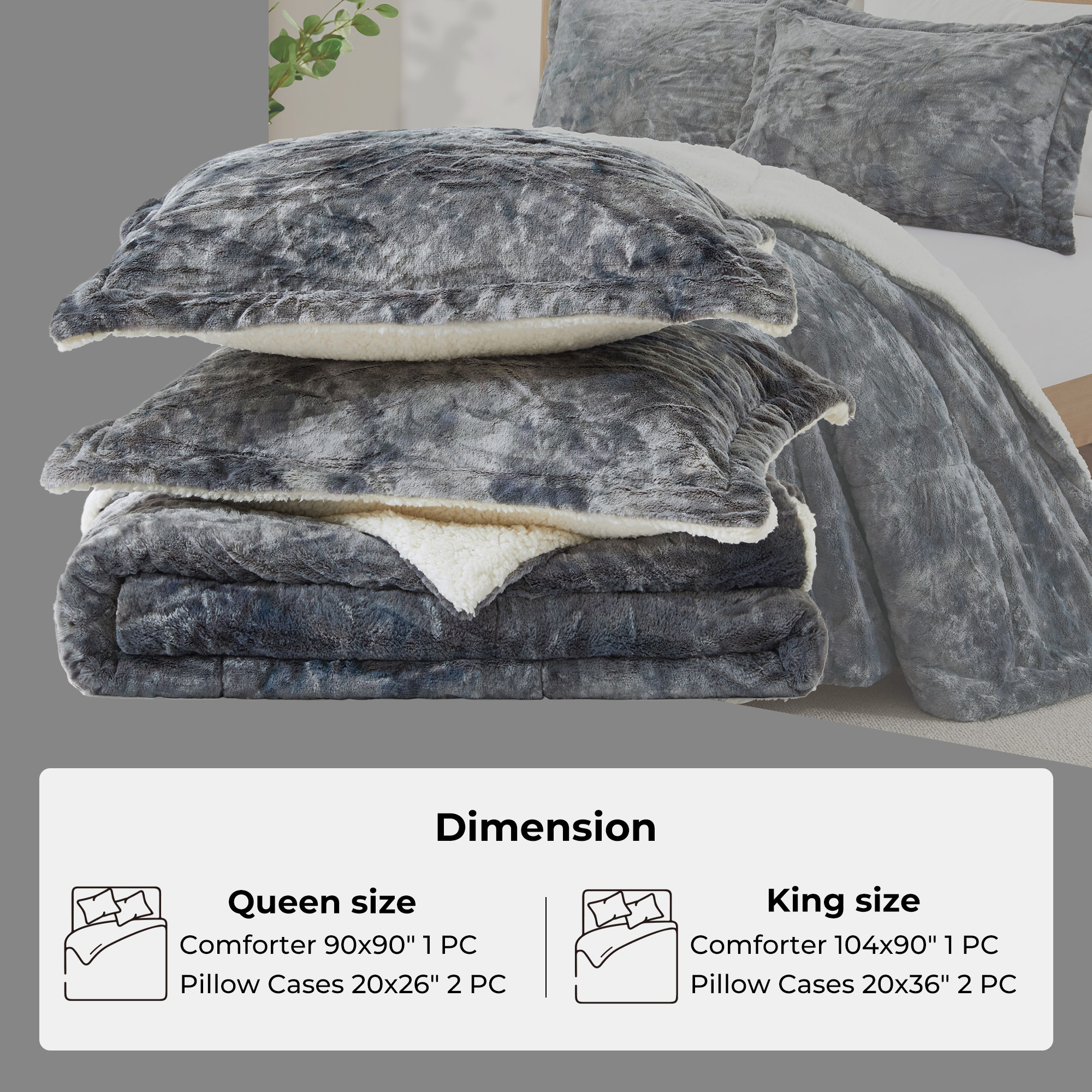 3 Piece All Season Comforter Set With Shams Reversible Faux Shearling-Down Alternative Comforter Set - Foggy Gray, King Size-10490