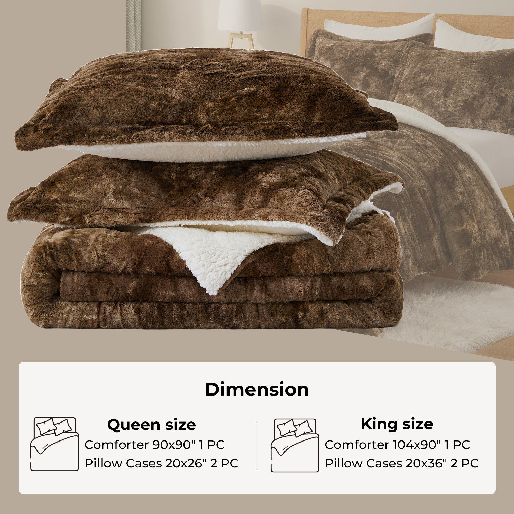 3 Piece All Season Comforter Set With Shams Reversible Faux Shearling-Down Alternative Comforter Set - Tiger Brown, King Size-10490