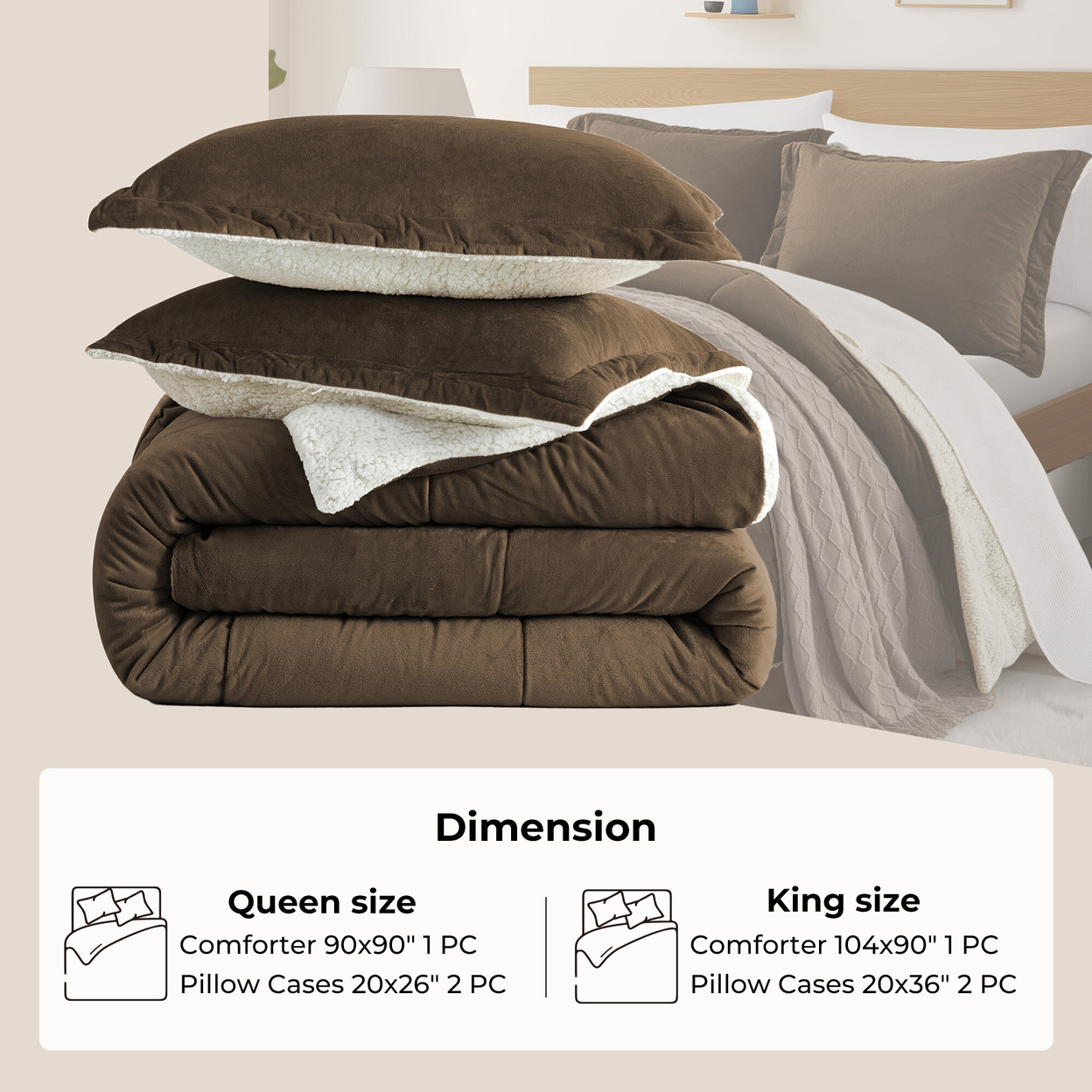 3 Piece All Season Comforter Set With Shams Reversible Faux Shearling-Down Alternative Comforter Set - Dark Brown, Queen Size-9090