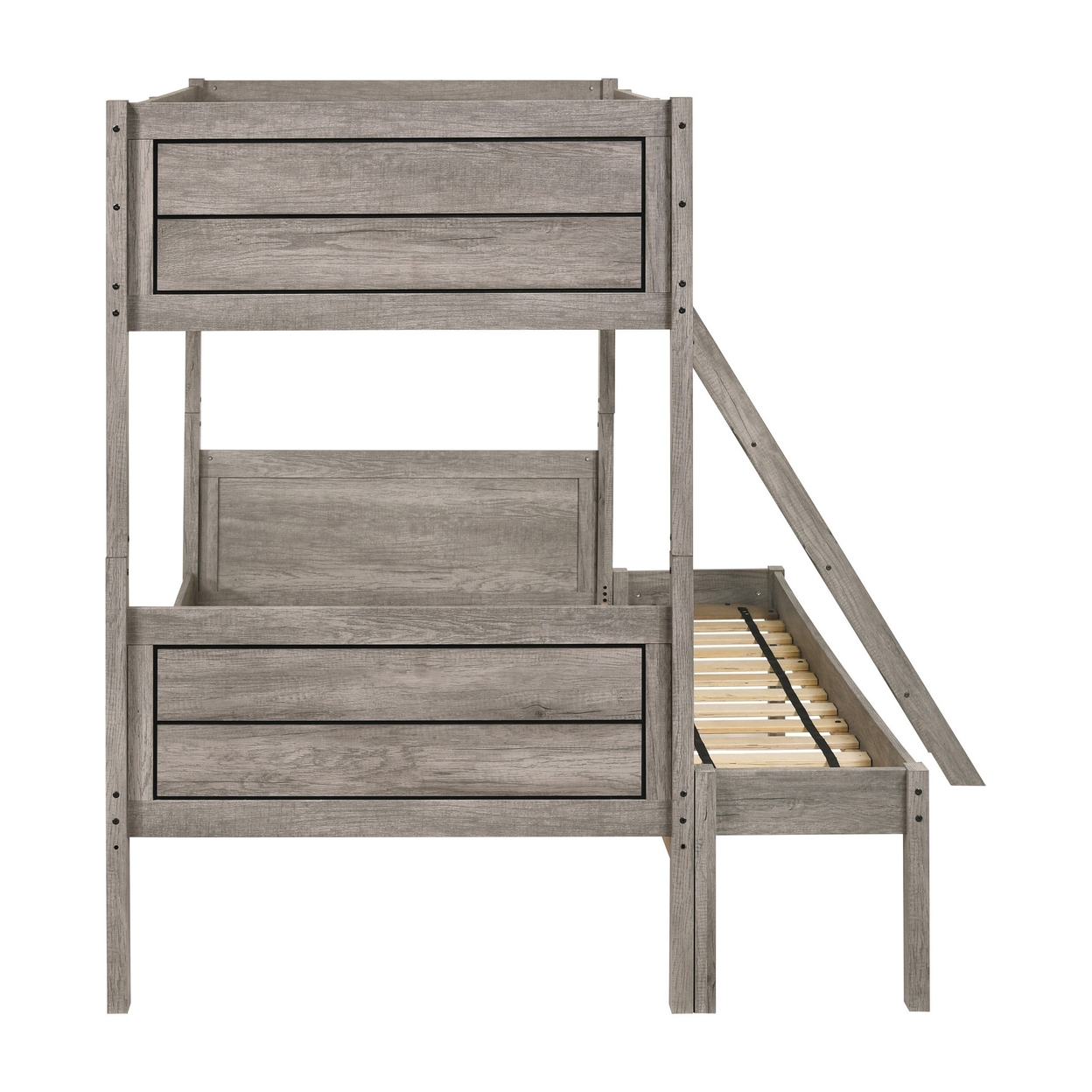 Twin Over Full Bunk Bed Set, Slatted Guard Rails, Weathered Taupe Wood-Saltoro Sherpi