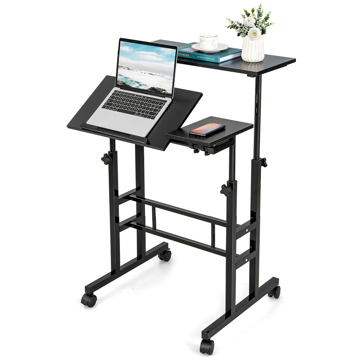 Mobile Stand Up Desk Adjustable Computer Desk Tilting Workstation - Black