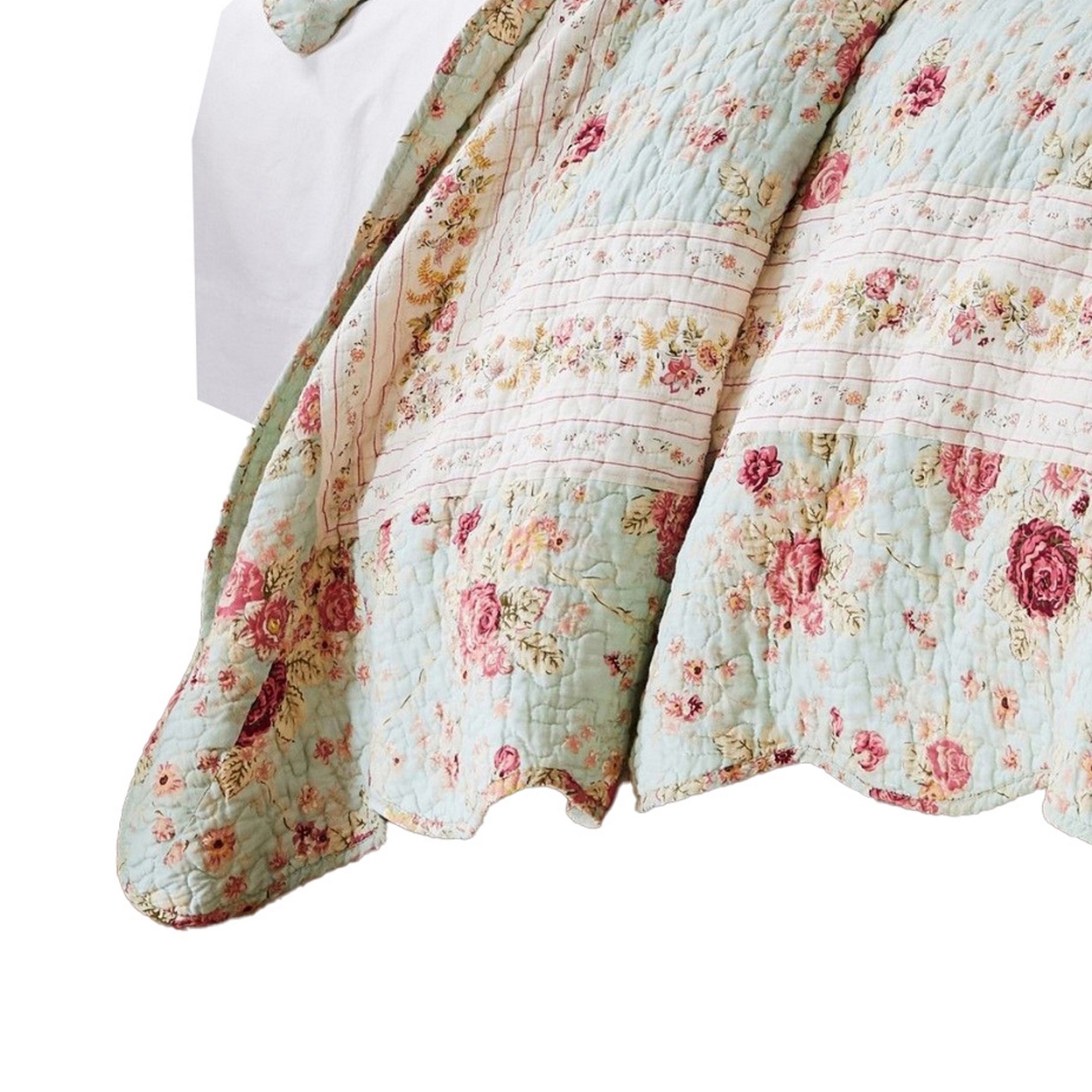 Rosle 2pc Twin Quilt And Pillow Sham Set, Scallop Edges, Floral Blue Cotton-Saltoro Sherpi
