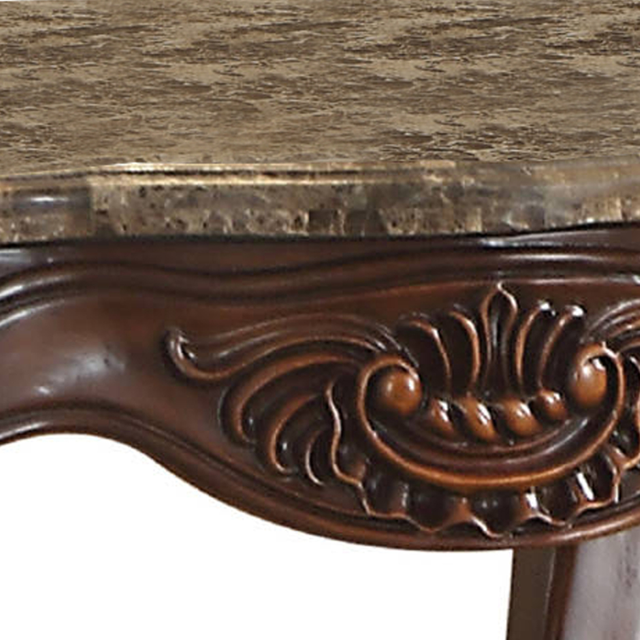 Marble Top End Table With Motif Engraved Angular Wood Feet, Brown- Saltoro Sherpi
