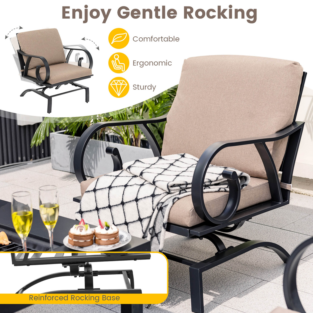 5PCS Cushioned Patio Dining Set Heavy-Duty Rocking Chairs With 4-in-1 Fire Pit Table
