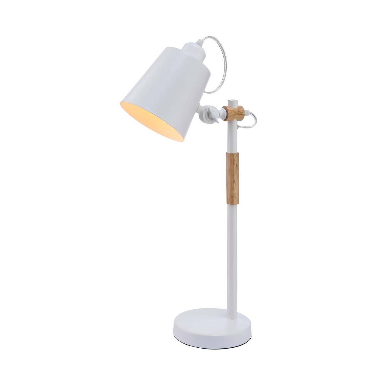23 Inch Table Lamp, Brown Wood Trim, Dome Metal Shade White, Round Base -Saltoro Sherpi