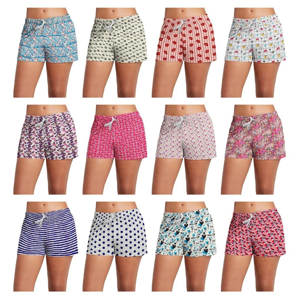 5-Pack: Women's Super-Soft Lightweight Fun Printed Comfy Lounge Bottom Pajama Shorts W/ Drawstring - Large, Shapes