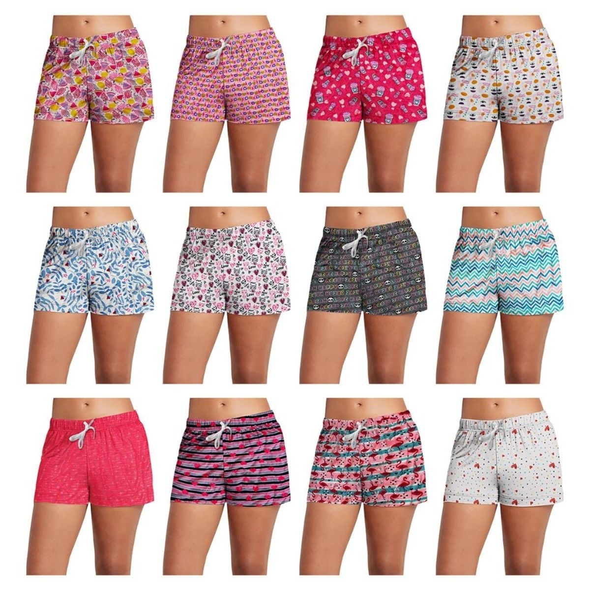 4-Pack: Women's Super-Soft Lightweight Fun Printed Comfy Lounge Bottom Pajama Shorts W/ Drawstring - Medium, Shapes