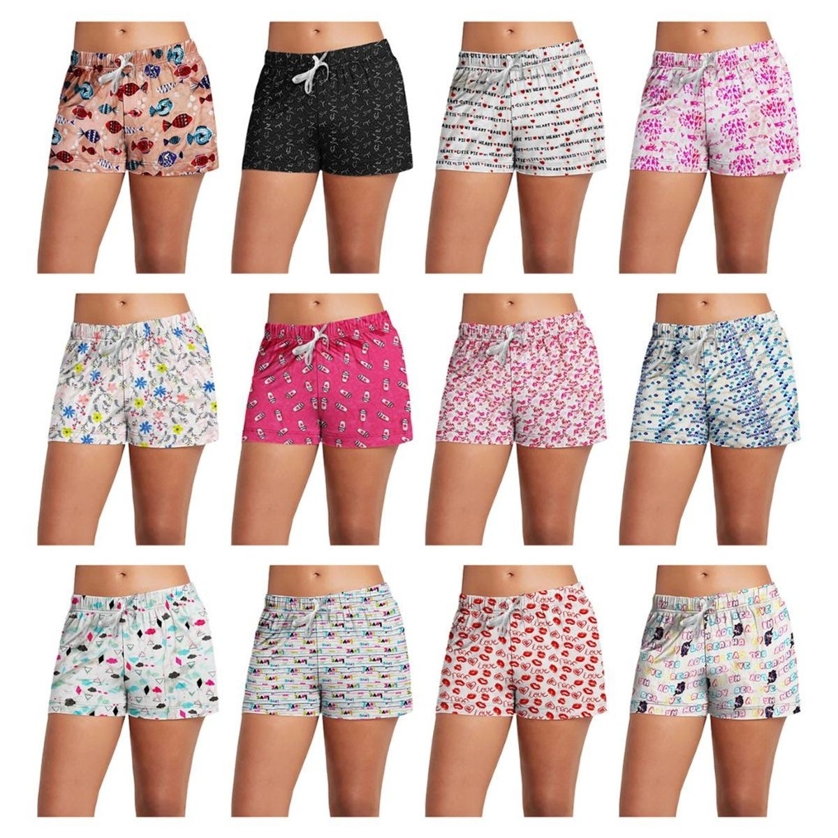 6-Pack: Women's Super-Soft Lightweight Fun Printed Comfy Lounge Bottom Pajama Shorts W/ Drawstring - Medium, Shapes