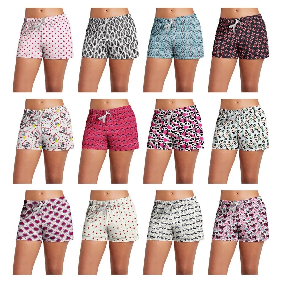 Multi-Pack: Women's Super-Soft Lightweight Fun Printed Comfy Lounge Bottom Pajama Shorts W/ Drawstring - 5-pack, Small, Shapes
