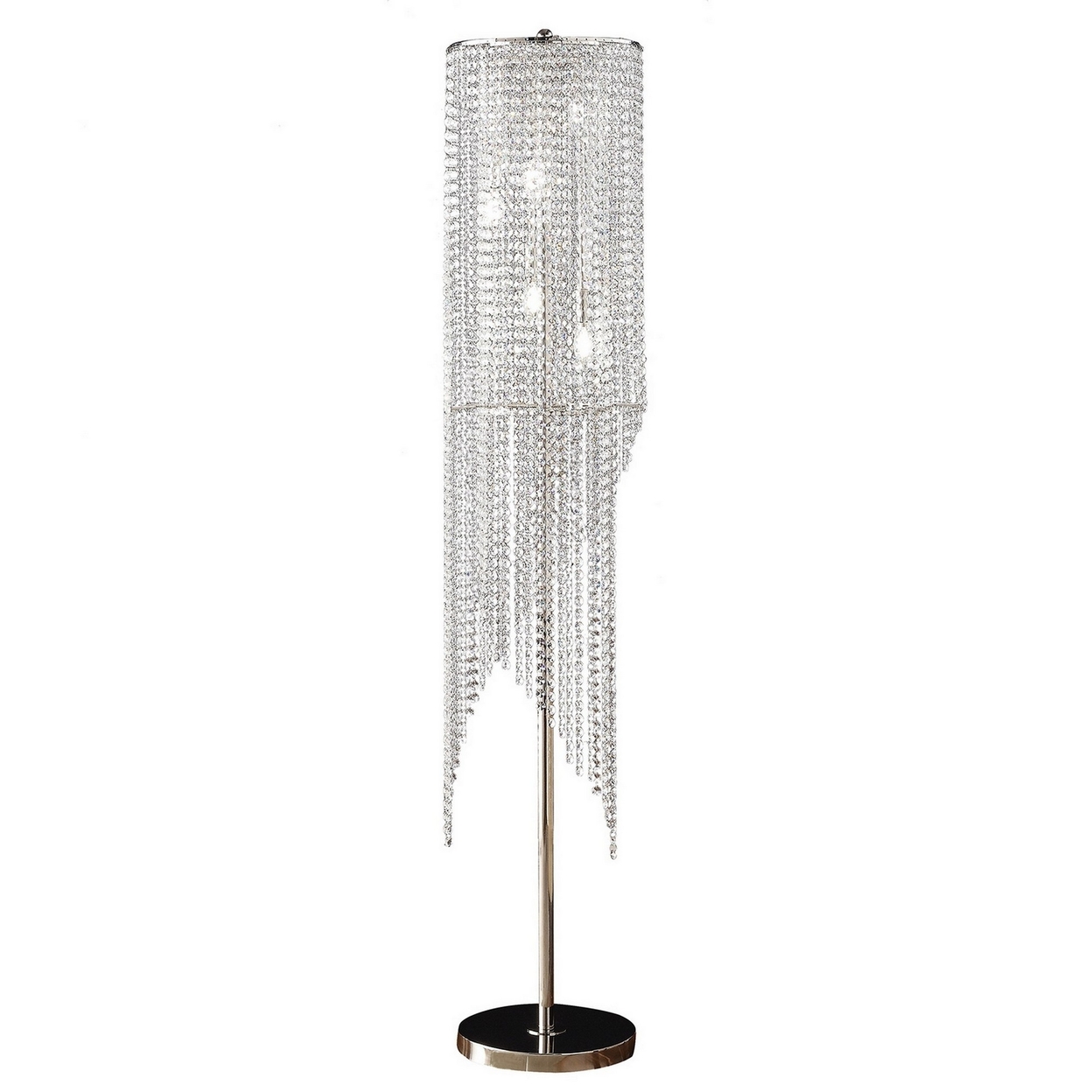 Mindy 62 Inch Floor Lamp, Crystal Raindrops Design, Metal, Clear Finish -Saltoro Sherpi