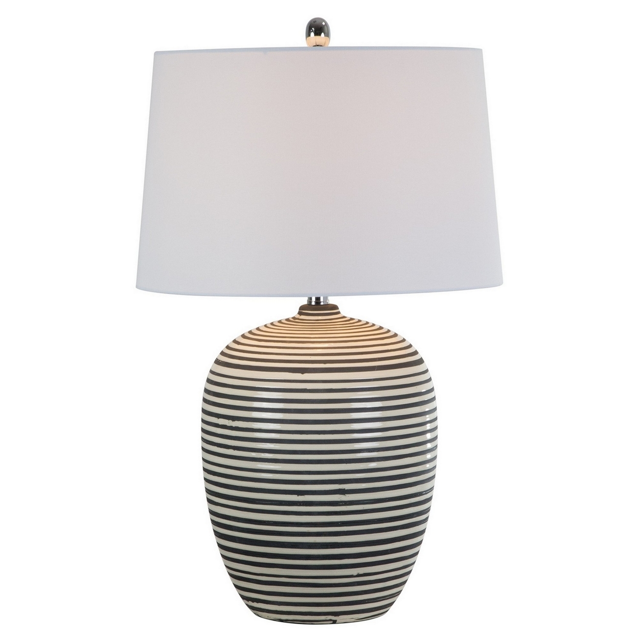 28 Inch Table Lamp, Lined Design, Empire Shade, Ceramic, Beige Taupe -Saltoro Sherpi