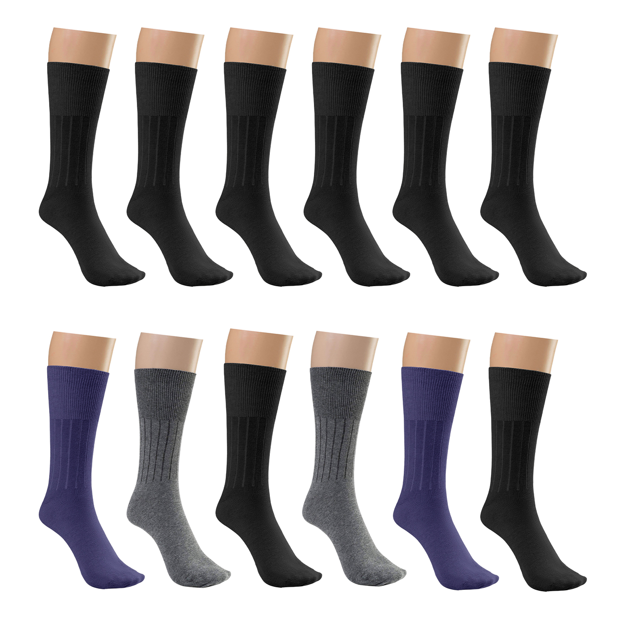 Multi-Pairs: Physician Approved Non-Binding Diabetic Circulatory Comfortable Moisture Wicking Dress Socks - 12-pairs, Assorted