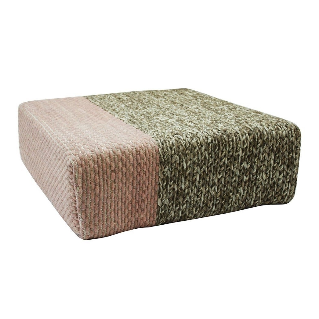 Ira - Handmade Wool Braided Square Pouf , Natural/Silver Pink , 90x90x30cm
