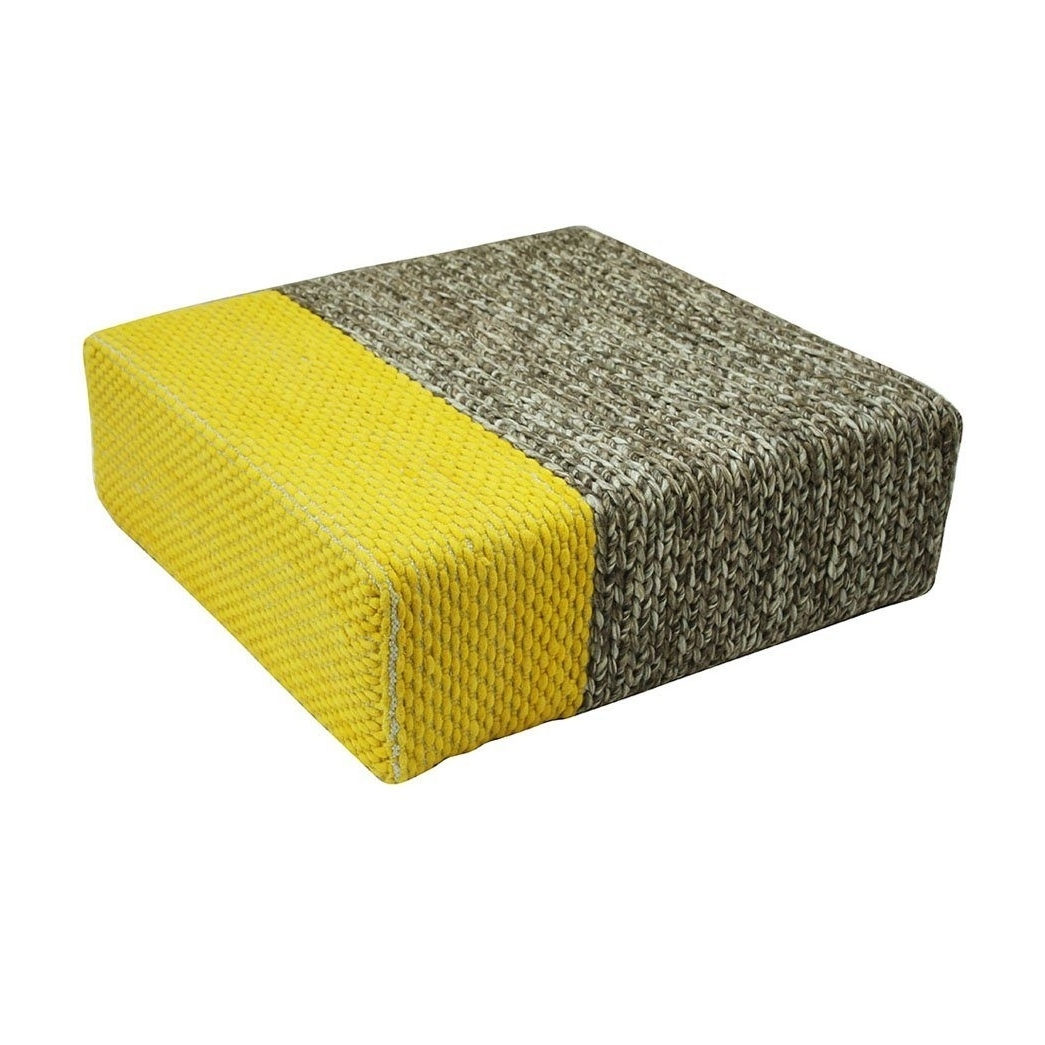 Ira - Handmade Wool Braided Square Pouf , Natural/Vibrant Yellow , 90x90x30cm