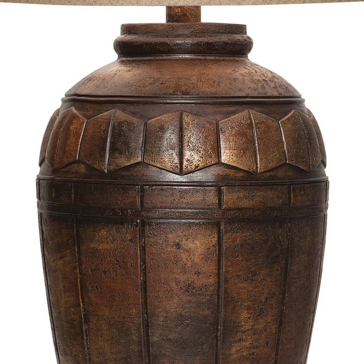29 Inch Table Lamp, Fabric Drum Shade, Hexagonal Carvings, Dark Brown - Saltoro Sherpi