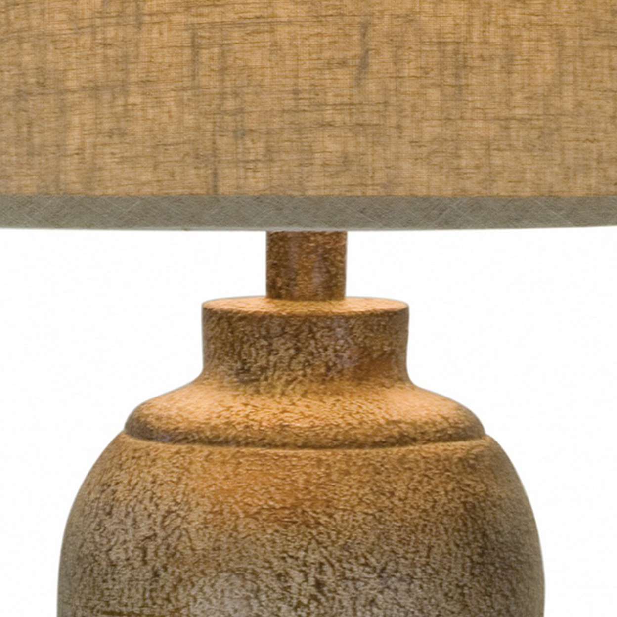 33 Inch Hydrocal Table Lamp, Brown Drum Shade, Textured Urn Shaped Base- Saltoro Sherpi