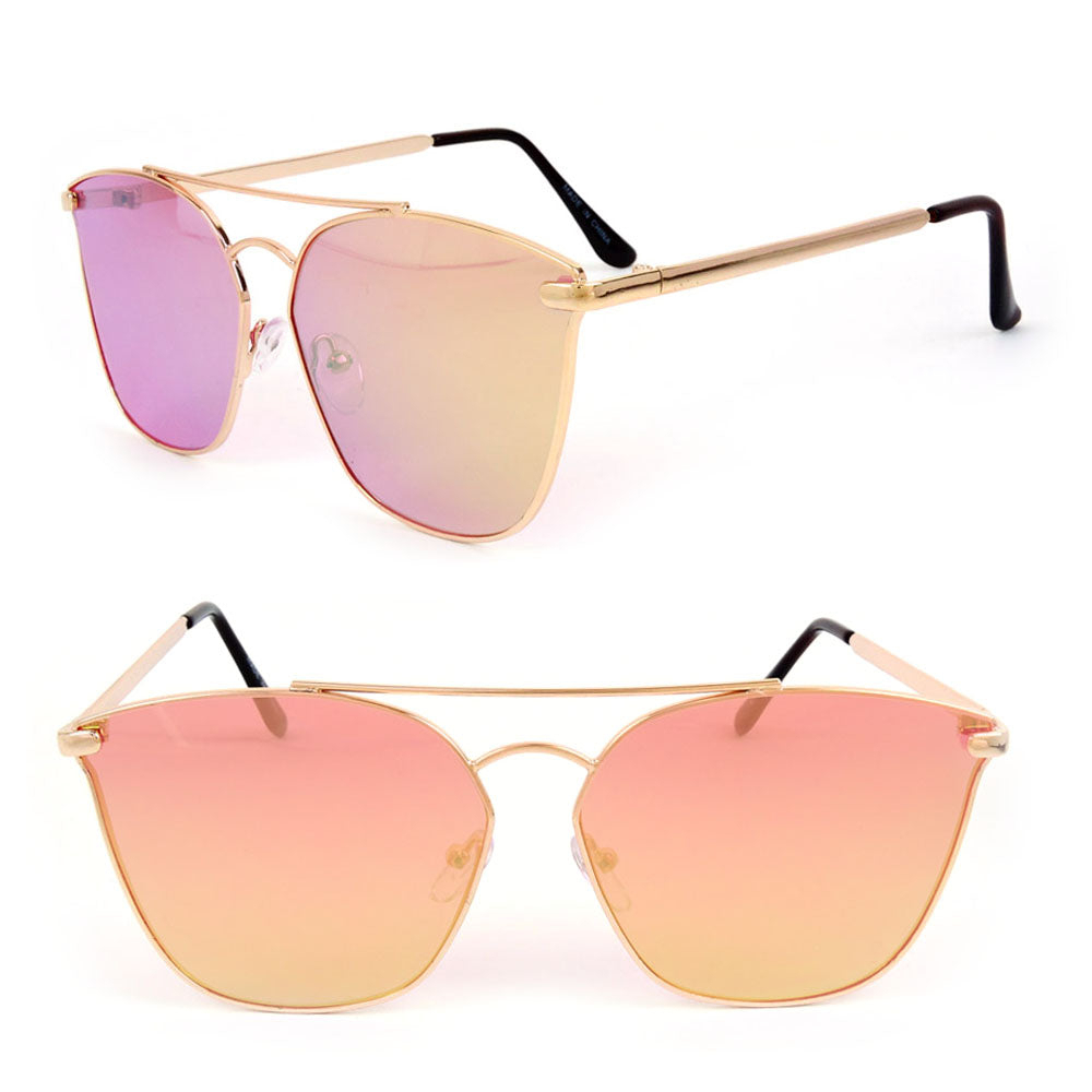 Lux Golden Metal Frame Colorful Mirror Sunglasses UV400 Lens Fashion SunGlasses - Pink