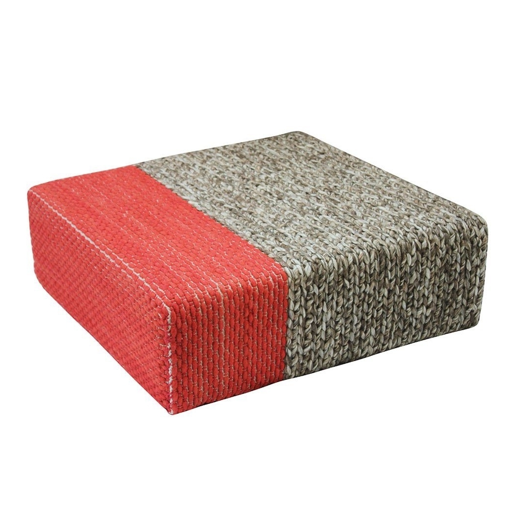 Ira - Handmade Wool Braided Square Pouf , Natural/Living Coral , 90x90x30cm