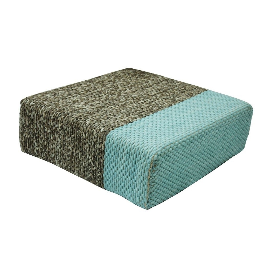 Ira - Handmade Wool Braided Square Pouf , Natural/Pastel Turquoise , 90x90x30cm