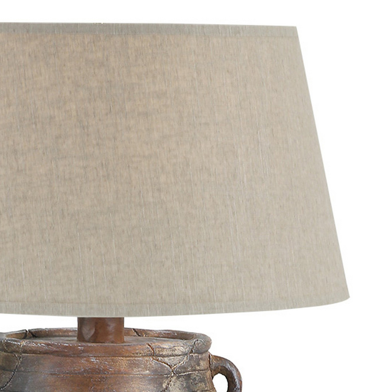 Yan 27 Inch Pottery Table Lamp, Two Small Handles, Beige Cone Shade, Brown - Saltoro Sherpi