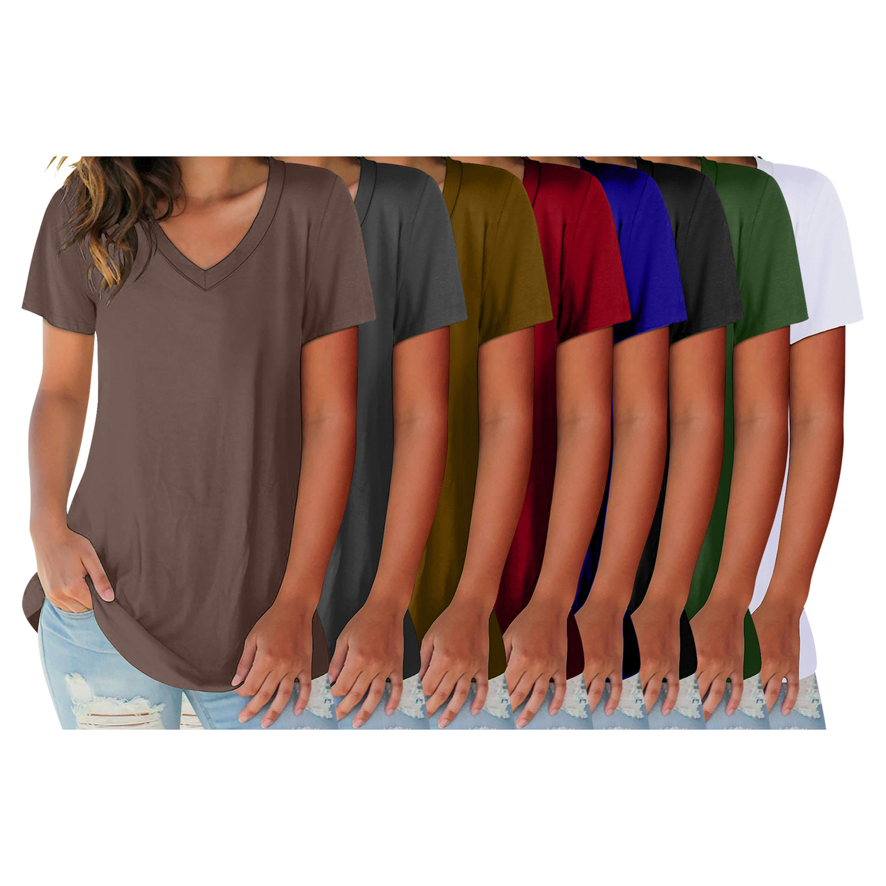 2-Pack: Women's Ultra Soft Smooth Cotton Blend Basic V-Neck Short Sleeve Shirts - Navy & Brown, Large