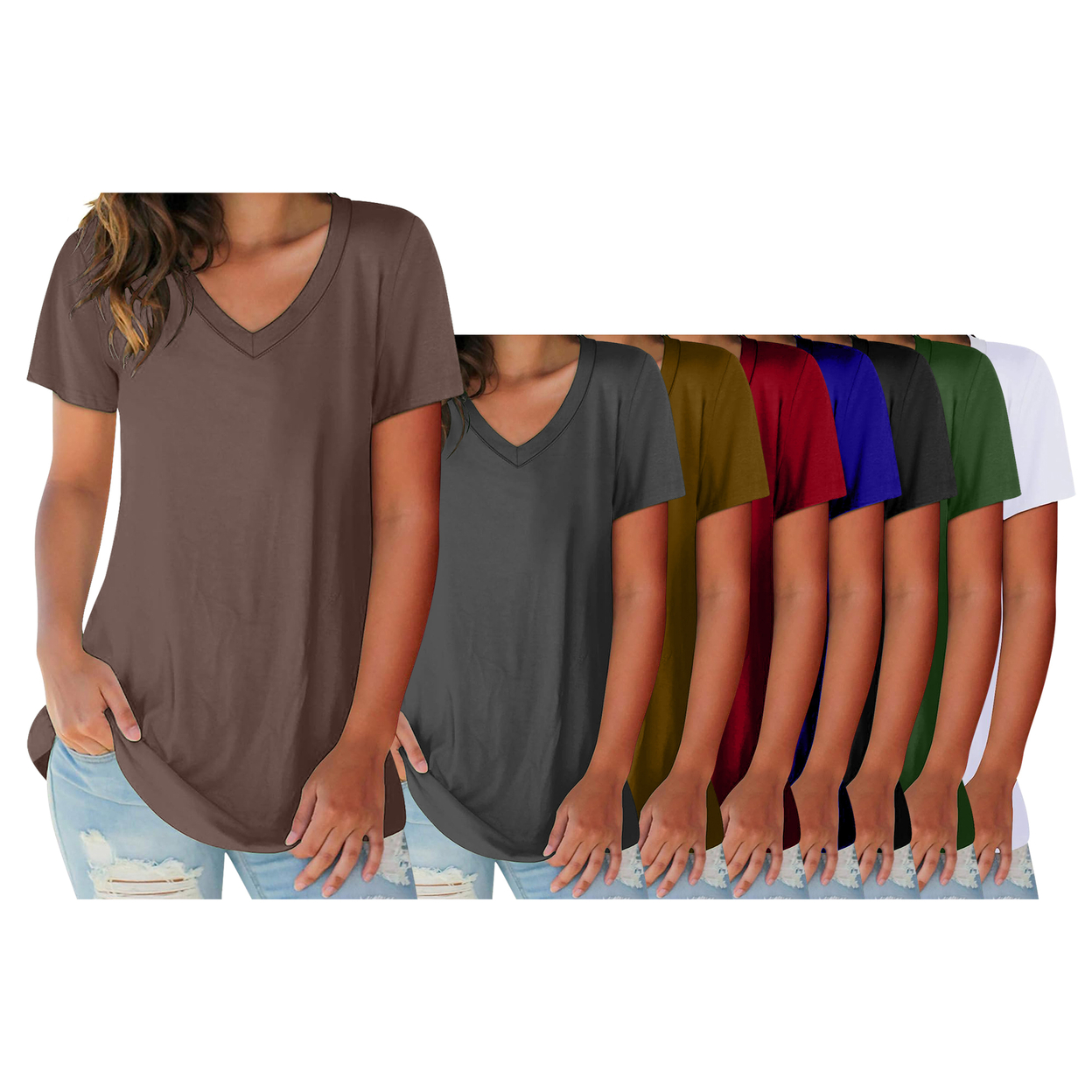 3-Pack: Women's Ultra Soft Smooth Cotton Blend Basic V-Neck Short Sleeve Shirts - Black, White, Brown, Small