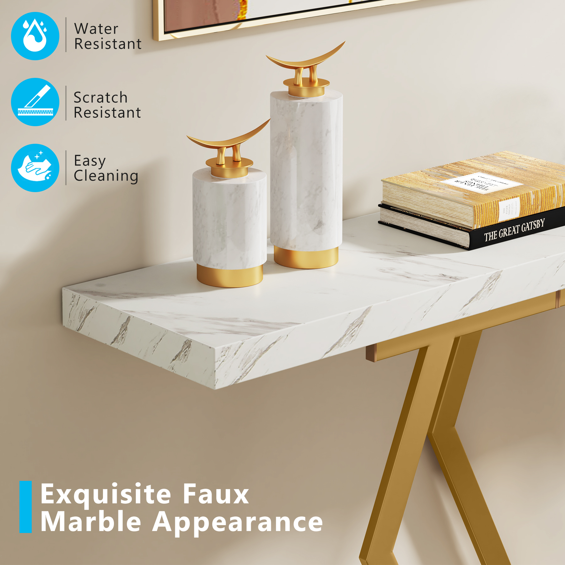 70.9 Extra Long Sofa Table, White And Gold Console Table With Faux Marble Tabletop