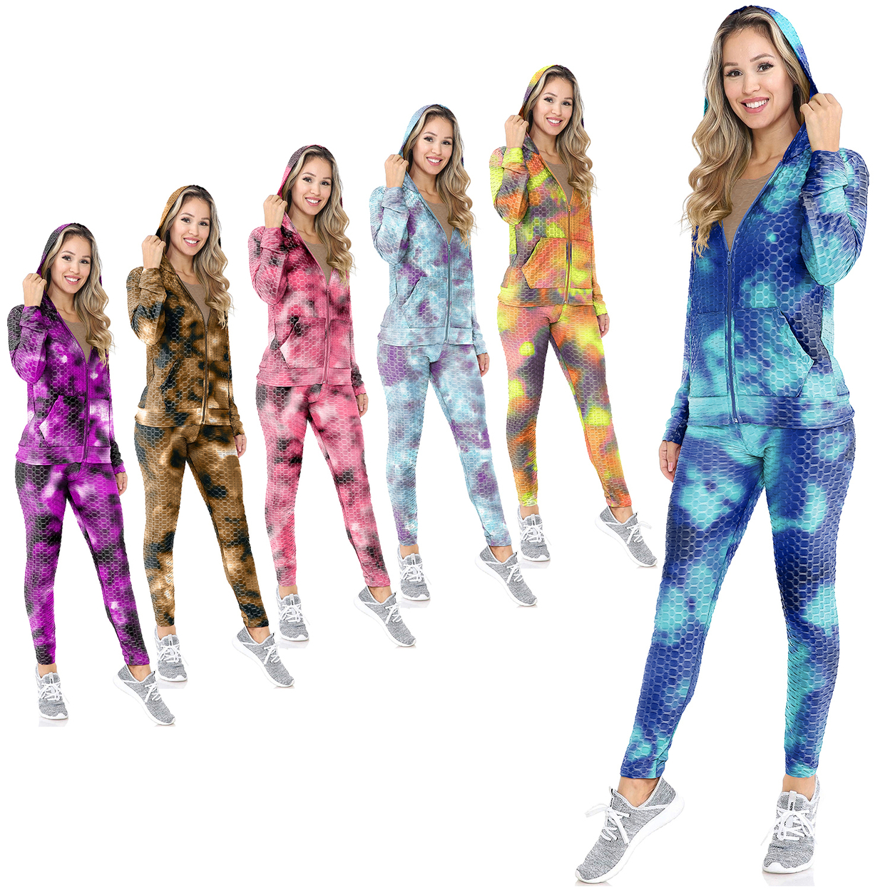 Multi-Set: Women's Athletic Anti-Cellulite Textured Tie Dye Body Contour Yoga Track Suit W/ Hood - 1-set, X-large, Tie Dye