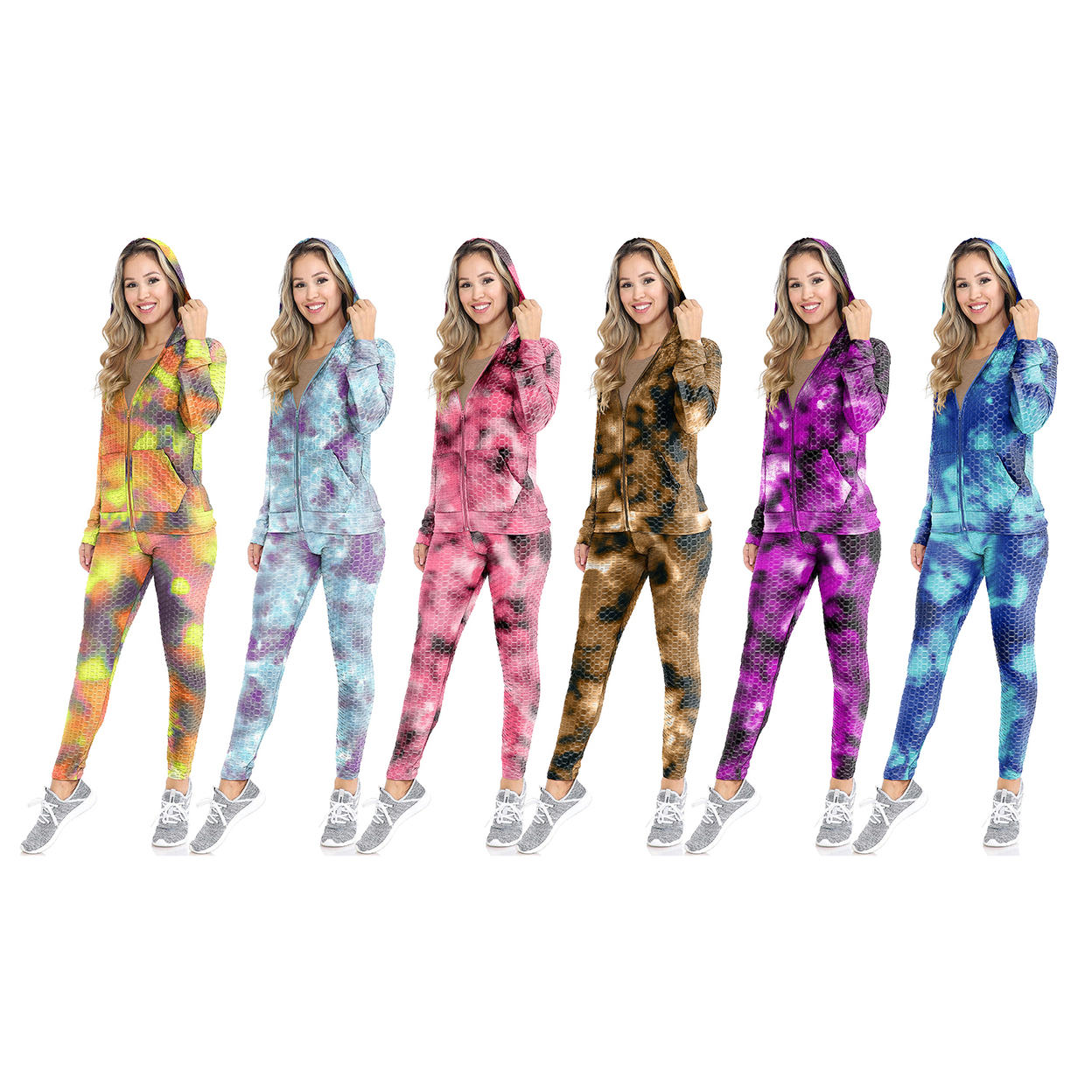Multi-Set: Women's Athletic Anti-Cellulite Textured Tie Dye Body Contour Yoga Track Suit W/ Hood - 1-set, X-large, Tie Dye