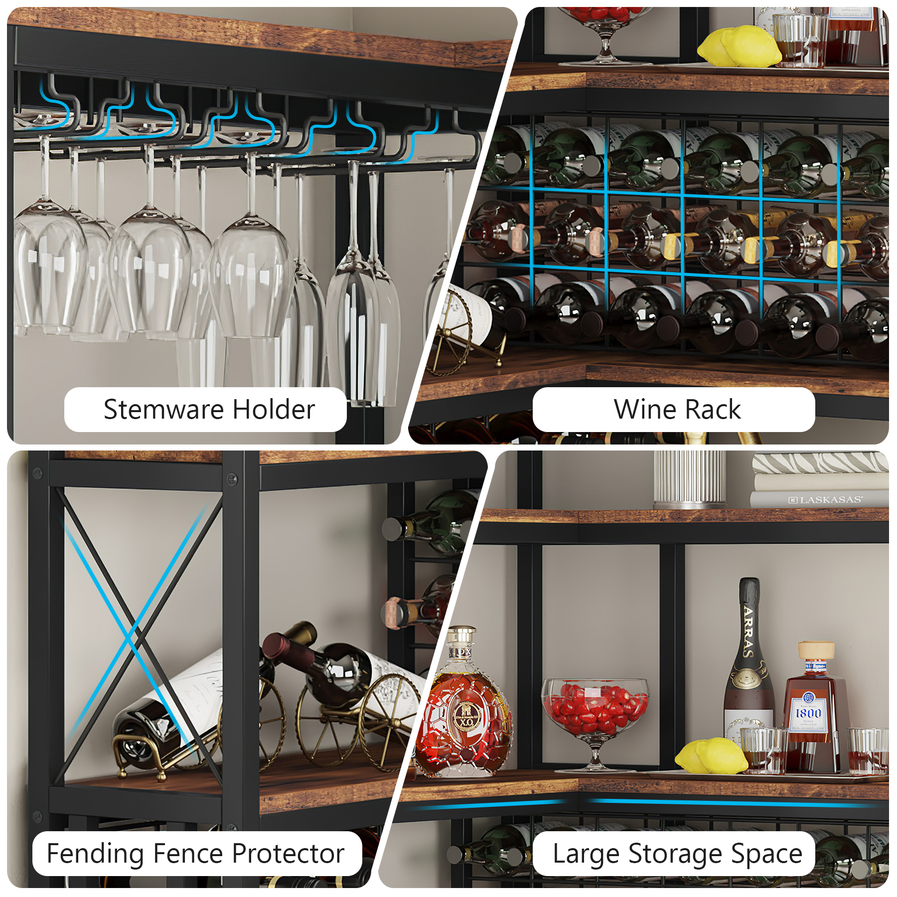 Large Corner Wine Rack, 5-Tier L Shaped Industrial Freestanding Floor Bar Cabinets For Liquor And Glasses Storage