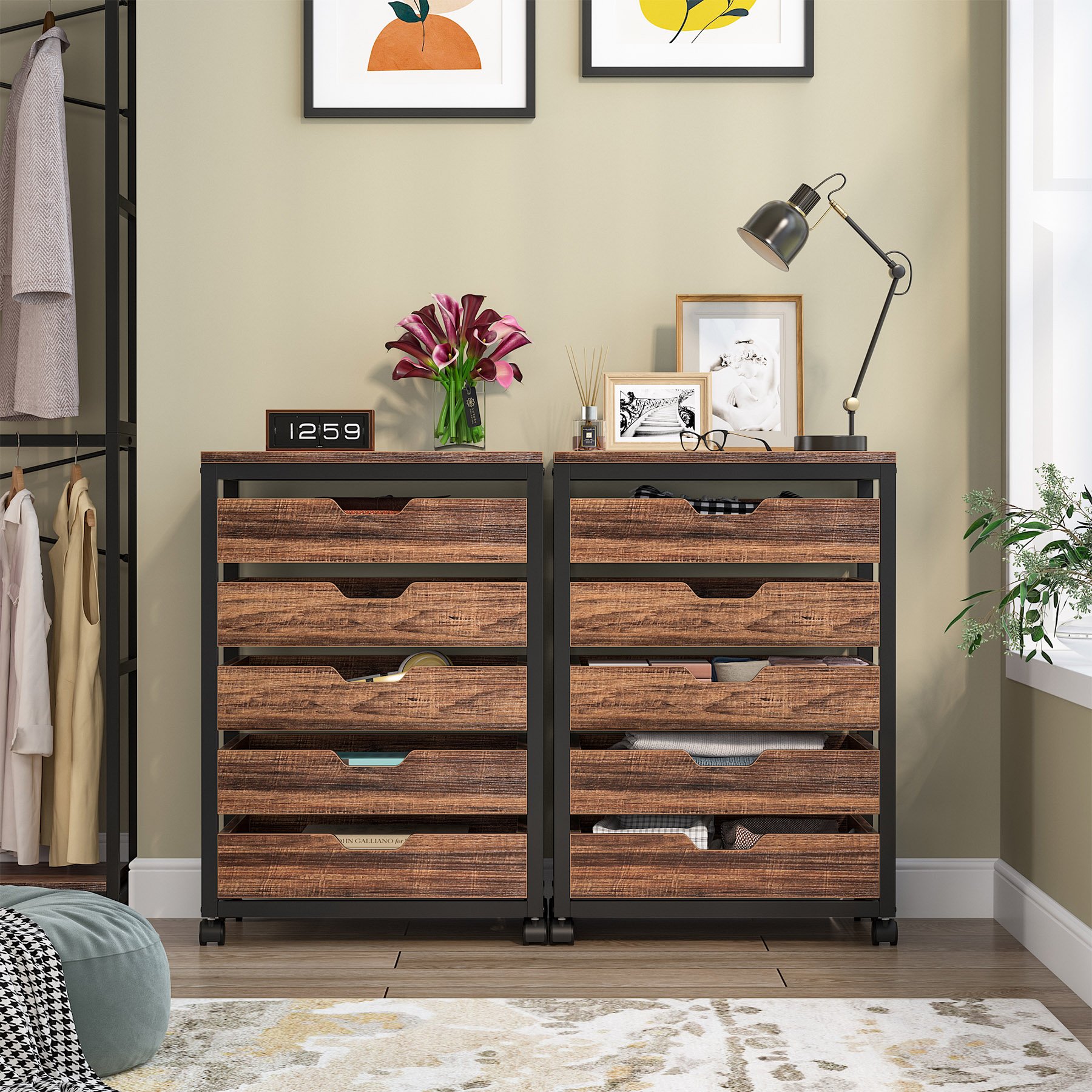 5 Drawer Chest, Wood Storage Dresser Cabinet With Wheels, Industrial Storage Drawer Organizer Cart